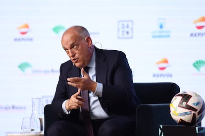 Javier Tebas, presidente de LaLiga, el pasado lunes en los Desayunos de Europa Press.