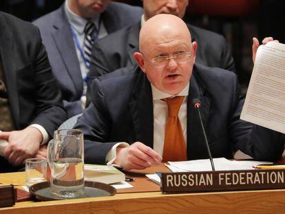 El embajador ruso Vasily Nebenzya en su intervención ante la ONU