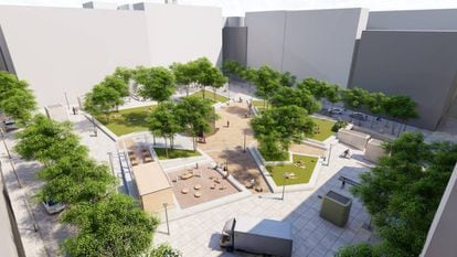 Recreación del aspecto que presentará la plaza de Pedro Zerolo tras su reforma, prevista para primavera.