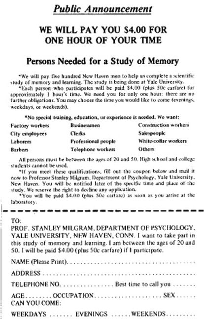Cartel buscando voluntarios para los experimentos de Milgram en la Universidad de Yale.