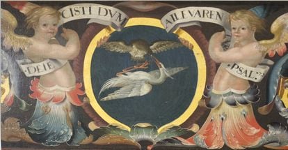 Obra de Antonio Mohedano, en el techo de la sala principal del palacio arzobispal de Sevilla. La garza que por presumir de volar alto fue atacada por el halcón simboliza el castigo que reciben los clérigos soberbios.