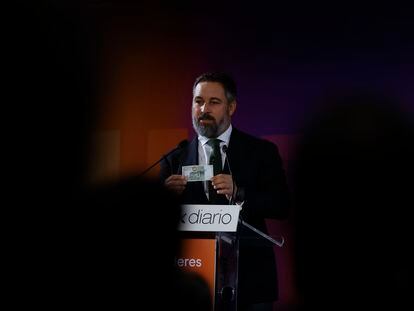 El líder de Vox, Santiago Abascal, interviene en el II Foro Económico organizado por Okdiario, este viernes en Madrid.