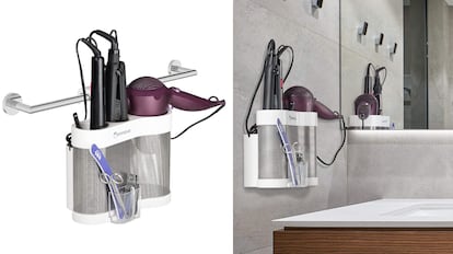 Soporte para secador de pelo, soporte para plancha de pelo con organizador  de cables, estante de montaje en pared de metal para guardar secador de  pelo, planchas, cepillos de pelo y más (