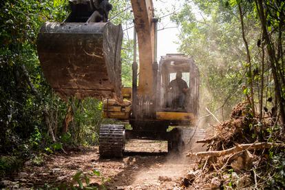 Una excavadora arregla el camino de la futura ruta de las lagunas, en el ejido Leona Vicario, en Quintana Roo, el 11 de mayo de 2023.