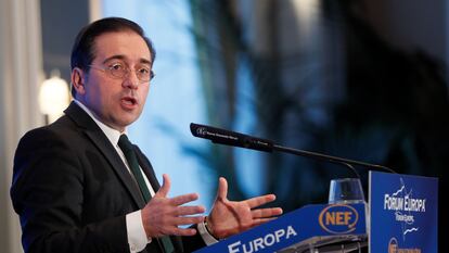 El ministro de Exteriores, José Manuel Albares, en el acto celebrado este lunes en un hotel de Madrid.