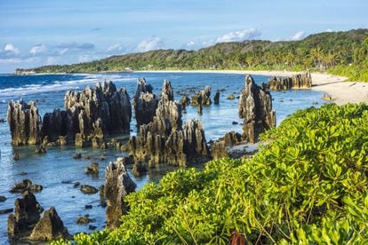 Formaciones rocosas en una playa de Nauru.