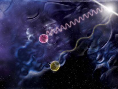 Ilustración de un fotón de alta energía (en rojo) y uno mil veces menos energético (amarillo), emitidos por un destello de rayos gamma, que viajan a la misma velocidad y confirman la relatividad de Einstein