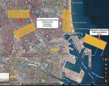 Figuración proporcionda por Compromís sobre el impacto de la futura terminal norte del Puerto de Valencia.
