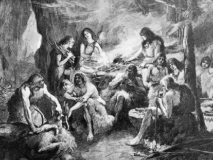 Señoras y señores de las cavernas asando carne, en una ilustración del siglo XIX
