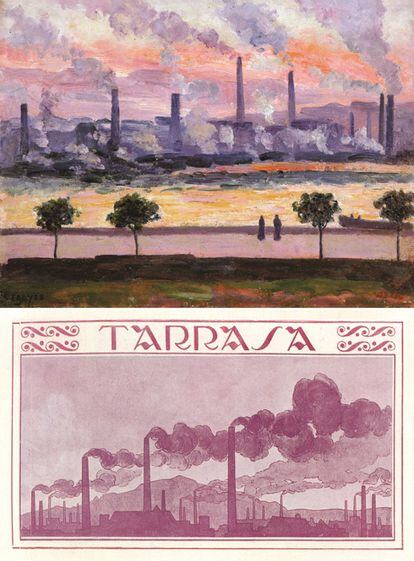 Arriba, 'Altos hornos en Bilbao' (1908), de Darío de Regoyos, perteneciente a la colección Santander Central Hispano. Abajo, Publicidad de Astal y Roca, de Tarrasa, hacia 1915.