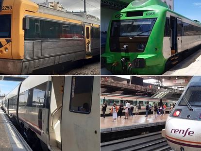 De izquierda a derecha y de arriba abajo: tren de Lisboa a Entroncamento en la estación de Santa Apolonia; automor diésel de Comboios de Portugal que une Entroncamento y Badajoz; regional de Renfe de Badajoz a Mérida; y media distancia de Mérida a Madrid.