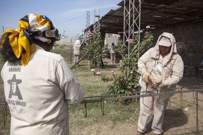 Mujeres trabajan en una fábrica de materiales de la construcción de la Tupac Amaru en San Salvador de Jujuy.