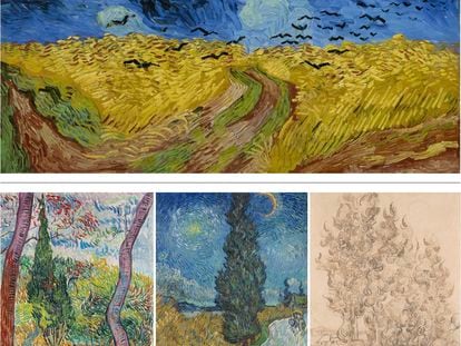 Composición con obras de Van Gogh expuestas en Amsterdam (arriba) y Nueva York (debajo).