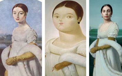 A la izquierda, 'Mademoiselle Rivière', de Ingres; en el centro, la obra de Fernando Botero que lleva el mismo título y a la derecha, Lady Gaga caracterizada como la retratada por Ingres.