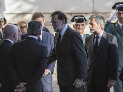Mariano Rajoy a la llegada a la capilla ardiente, este martes por la mañana.