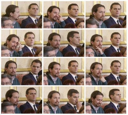 Combinación de imágenes de los líderes, de Podemos, Pablo Iglesias, y de Ciudadanos, Albert Rivera, durante la intervención de la presidenta de la Cámara Baja, Ana Pastor.