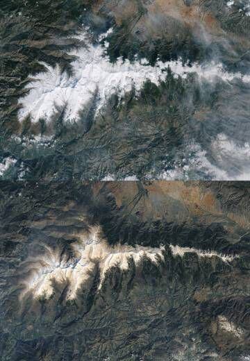 Nieve parda. Arriba, aspecto de Sierra Nevada vista desde el satélite el 18 de febrero de 2017. Abajo, la sierra 10 días mas tarde. La nieve parduzca se debe al polvo sahariano.