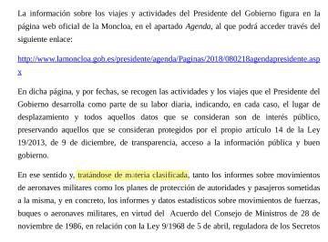 Respuesta de Presidencia a una solicitud de información presentada por EL PAÍS.