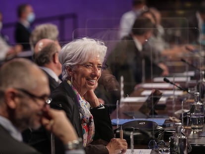 La presidenta del BCE, Christine Lagarde, durante el Eurogrupo informal de Lisboa de este viernes.