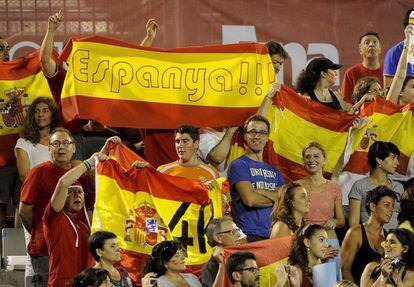 Aficionados españoles exhiben banderas durante la final.