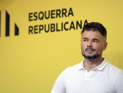 El candidato de ERC al Congreso, Gabriel Rufián, durante una rueda de prensa del pasado lunes en Barcelona.