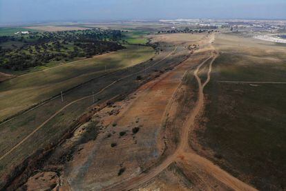 Estado actual de terrenos afectados por el vertido de Aznalcóllar, registrado hace 21 años. En la imagen se muestra la zona más contaminada por metales pesados, donde no crece nada, y franjas donde la vegetación ha vuelto a resurgir.