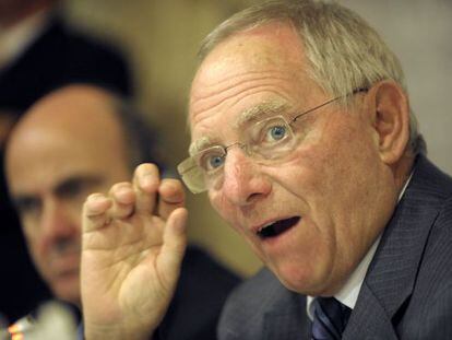 El ministro de Econom&iacute;a alem&aacute;n, Wolfgang Sch&auml;uble, durante la conferencia en Santiago de Compostela.
 