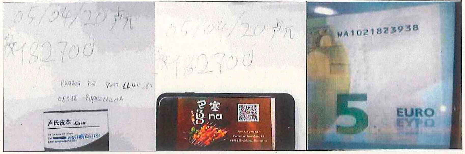 Una imagen encontrada en el teléfono de Rosario D'Onofrio muestra una tarjeta de visita de un local de Badalona para recoger el dinero, y una contraseña que corresponde con la numeración de un billete de cinco euros.