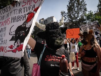 Una manifestación a las afueras de la Monumental Plaza de Toros, en Ciudad de México, el pasado 28 de enero.
