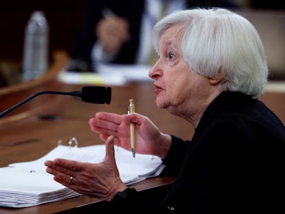 Janet Yellen, secretaria del Tesoro de EE UU, compareciendo en el Congreso el 10 de marzo.