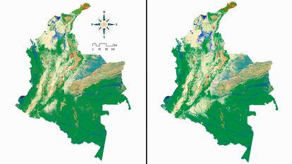 Mapa que muestra el cambio de uso de la tierra en Colombia. A la izquierda, en 1985, y a la derecha, en 2022.