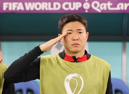 Changhoon Kwon of South Korea salutes before the match between Brazil and South Korea.  