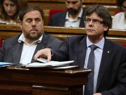 Junqueras i Puigdemont aquest dimecres al Parlament.