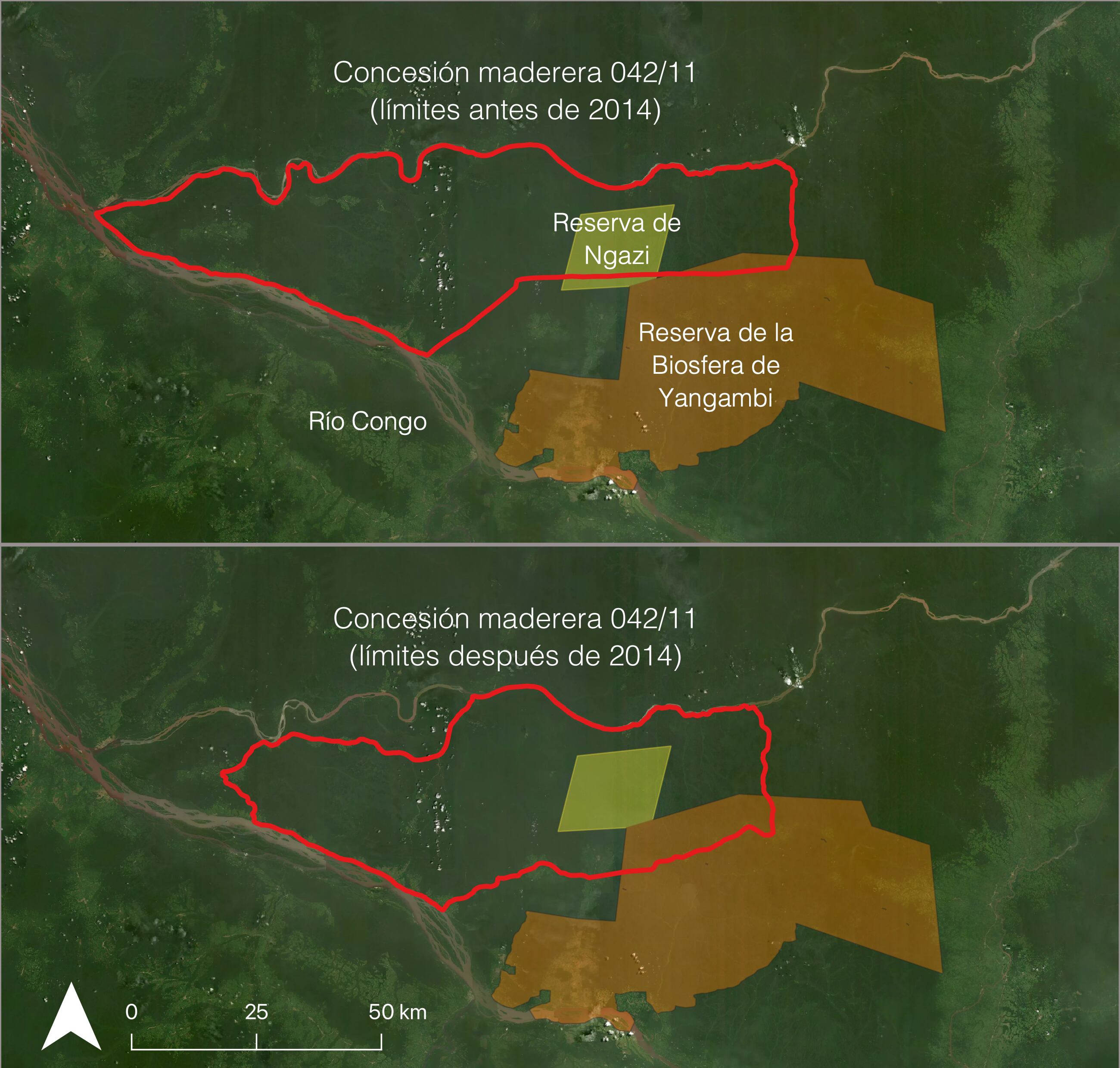 Mapa del antes y el después de la Concesión 042/11. El Gobierno congoleño autorizó a la concesión de tala industrial 042/11 a desplazarse en 2014, aumentando el solapamiento con zonas de alto valor de conservación. En 2015, el mismo Gobierno sostuvo que 