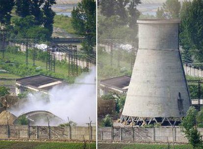 Antes y después de la torre de refrigeración de la central nuclear de Yongbyon.
