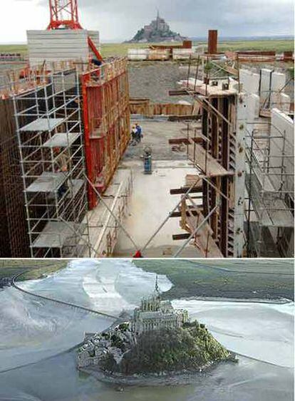 Arriba, construcción de la presa en el río Cuesnon. Sobre estas líneas, imagen virtual del Mont Saint-Michel una vez terminada la obra.