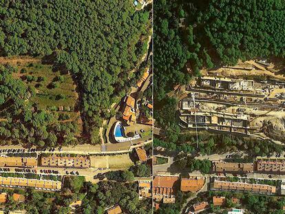 Combo de dos fotos aereas( Google Earth ) con imágenes de Sa Riera en Begur, Girona, en 2015 y 2020.