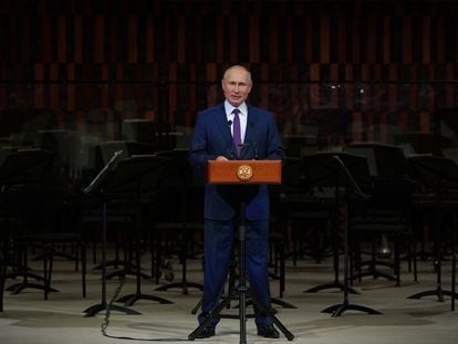 Putin en un discurso por las celebraciones del día de Moscú, el pasado 5 de septiembre, en el auditorio Zaryadye.