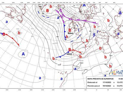 La borrasca 'Aline', dibujada en el mapa de superficie de Aemet para el jueves rozando la Península mientras se aleja 'Babet'.