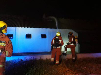 Efectivos de los bomberos en la nave avícola de Picassent.