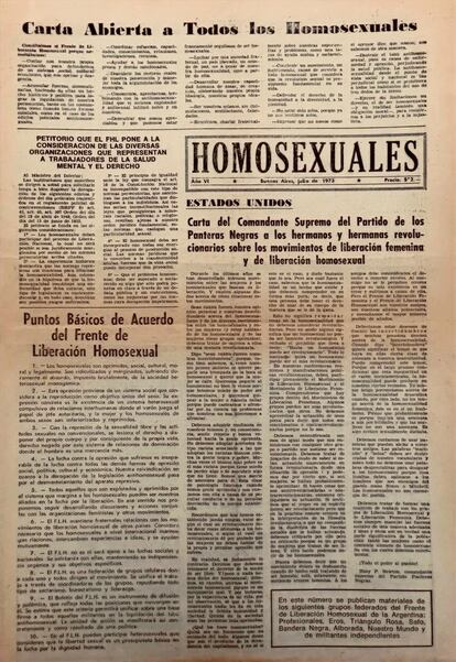 Tapa del único número del periódico Homosexuales, julio de 1973, editado por los grupos Profesionales y Nuestro Mundo del FLH.