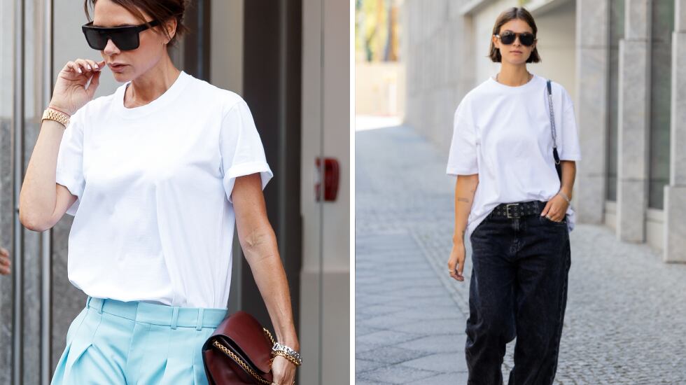 A la izquierda, la diseñadora Victoria Beckham con una camiseta blanca y pantalones de vestir y, a la derecha, la bloguera Jacqueline Zelwis combinándola con vaqueros negros anchos. GETTY IMAGES.