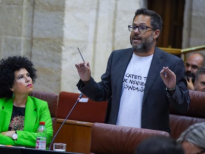 Los diputados del grupo mixto-Adelante Andalucía en el Parlamento andaluz, José Ignacio García y Maribel Mora, presidenta del grupo, este jueves en Sevilla.