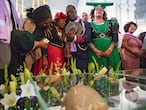 Berlin (Germany).- (FILE) - Members of a Namibian delegation mourn during a ceremony where human skulls are displayed, as the German government handed over the mortal remains of the Herero and Namaqua genocide, in Berlin, Germany, 29 August 2018 (reissued 28 May 2021). German Foreign Affairs Minister Heiko Maas on 28 May 2021 said in a statement that Germany officially acknowledged that it committed genocide during its colonial-era occupation of Namibia, in the early part of the 20th century, and has agreed to pay financial support to the country's development through a programme over the next 30 years. (Alemania) EFE/EPA/HAYOUNG JEON *** Local Caption *** 54585905