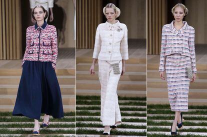 La chaqueta de Tweed clásica de Chanel no faltó en el desfile. Acompañada de falda ancha, falda de tubo o bien de un pantalón, la prenda de la 'maison' francesa es un imprescindible de todas sus colecciones.