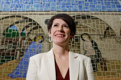 La candidata del BNG a la Presidencia de la Xunta, Ana Pontón, en Santiago el lunes de esta semana tras presentar la estructura orgánica de su gobierno en caso de alcanzar la Xunta.
