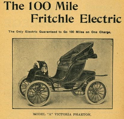 Un anuncio de 1908 del modelo Fritchle Victoria, que reclamaba ser el único coche eléctrico de su época con una autonomía de 100 millas (161 km).