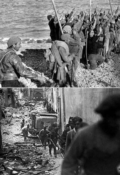 Arriba: 15 de abril de 1938, los nacionales, en la playa de Vinaròs, tras haber cortado la zona republicana en dos. Abajo: asedio de las tropas republicanas al Alcázar de Toledo.