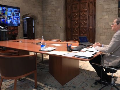 El presidente de la Generalitat, Quim Torra, en la 14 videoconferencia de presidentes autonómicos con el Gobierno, a 14 de junio de 2020.