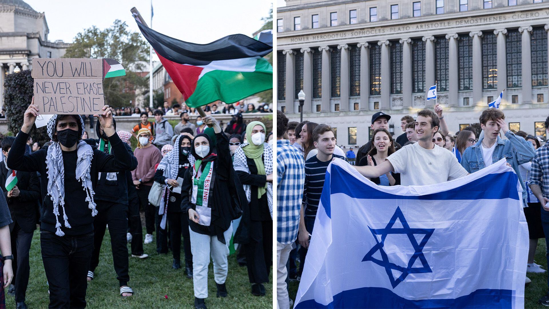 A la izquierda, una protesta a favor de Palestina y a la derecha una a favor de Israel, ambas en Nueva York (EE UU), el 12 de octubre de 2023.